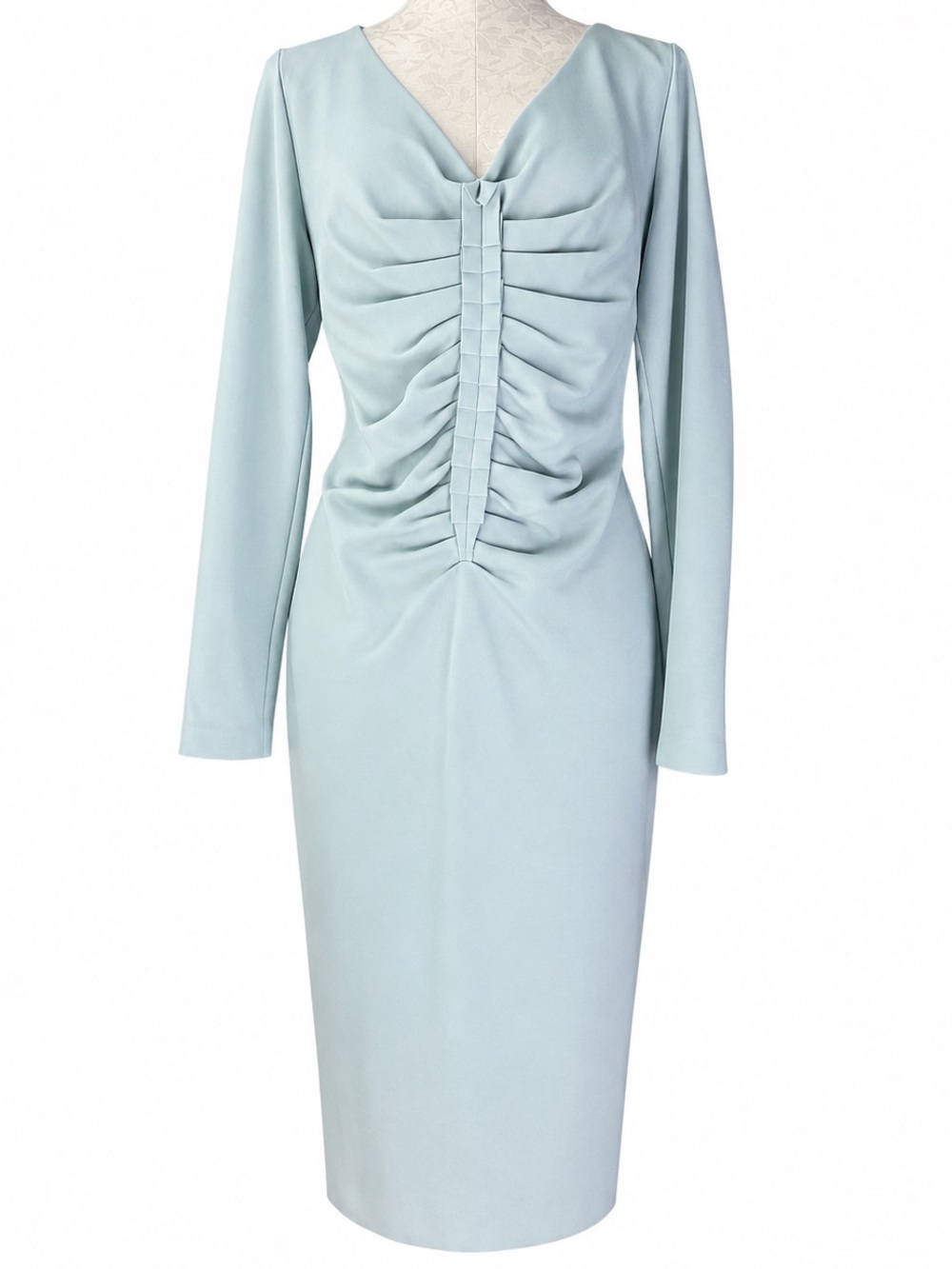 Escada Dalena Porcelain Light Blue Ruched Long Sleeve Midi Dress EU 44 US 12